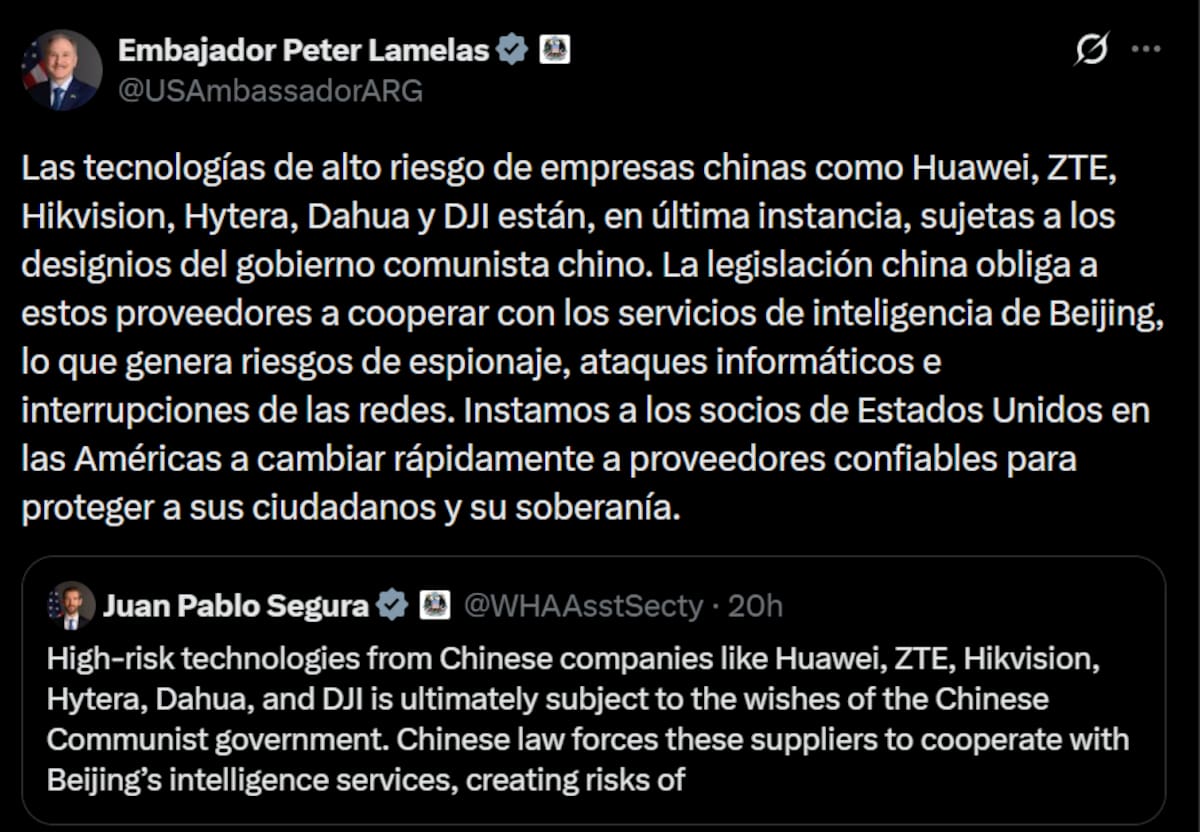 El embajador de Estados Unidos en la Argentina volvió a cuestionar el uso de tecnología china en proyectos estratégicos vinculados a Vaca Muerta
