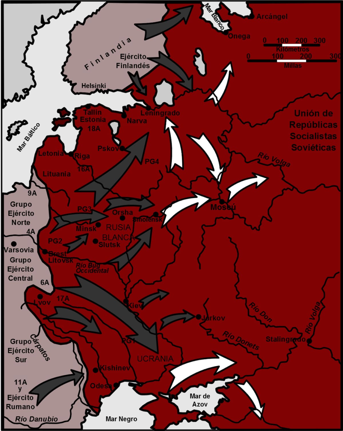 Mapa de los avances alemanes, junio de 1941. Fuente: Benjamín Núñez González - Wikimedia Commons