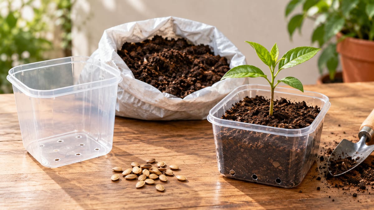 Pequeña planta en un envase de plástico reutilizado como semillero, con tierra y herramientas de jardinería alrededor.