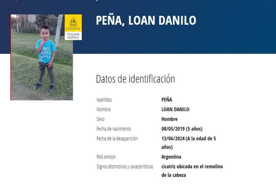 El informe de Interpol sobre la desaparición de Loan Danilo Peña. Foto: NA.