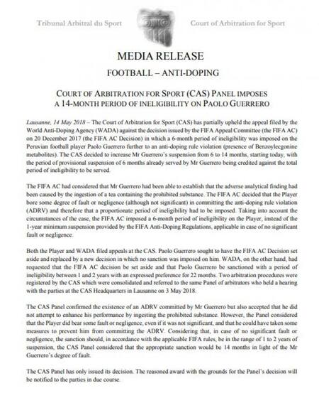 Falló en contra de Paolo Guerrero