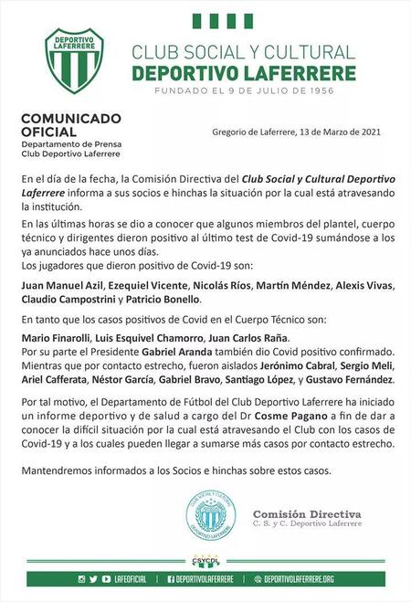 Comunicado de Laferrere sobre casos de coronavirus en el plantel