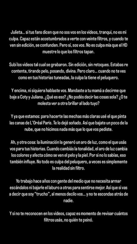 Escándalo con Julieta Poggio y un peluquero. Foto: Instagram/verxelitakipablo.