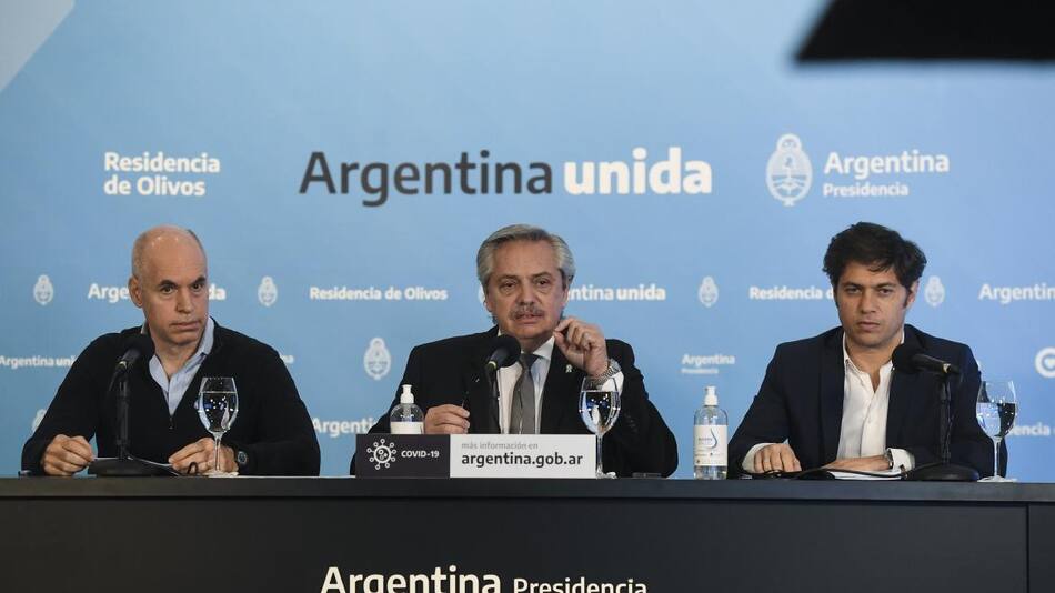 Alberto Fernández, Horacio Larreta y Axel Kicillof, anuncio extensión de cuarentena, NA