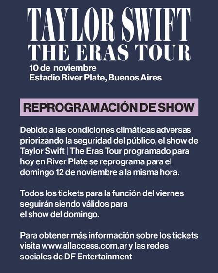 El comunicado de la reprogramación del segundo show de Taylor Swift. Foto: X @dfallaccess.