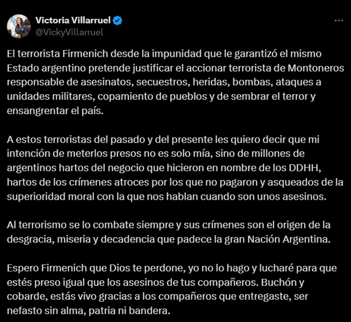 El tuit de Victoria Villarruel.