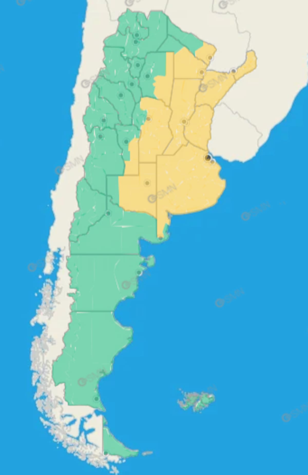 Mapa de alerta amarilla por lluvias.