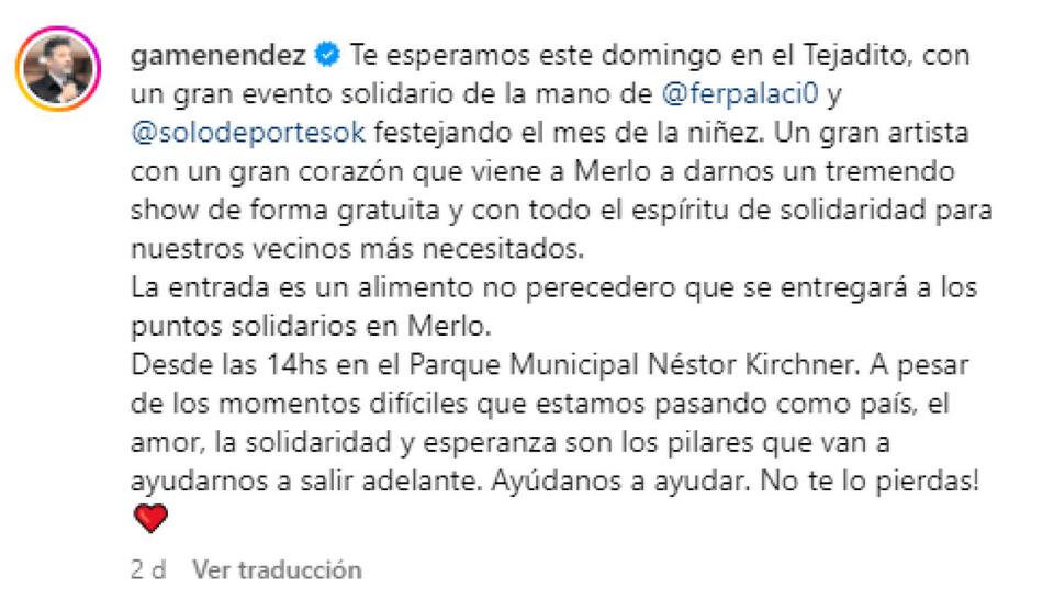 La invitación de Gustavo Menéndez al evento solidario en Merlo. Foto: Instagram.