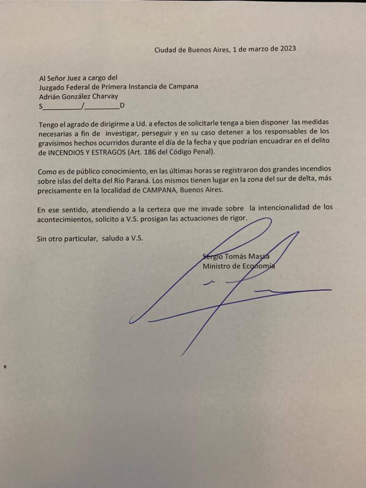 Sergio Massa solicitó a la Justicia que investigue las causas de los incendios que generaron el apagón