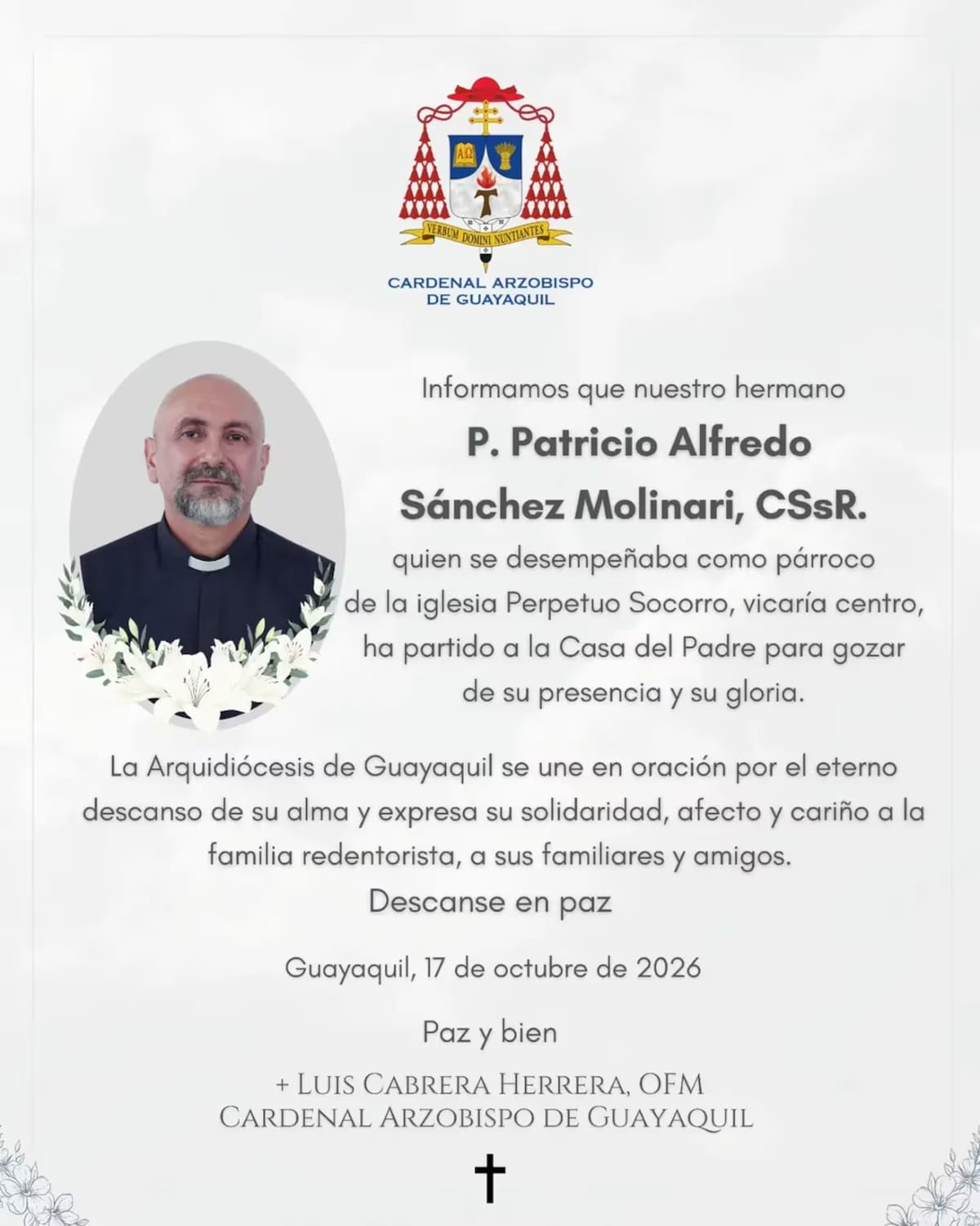 El comunicado tras la muerte del sacerdote