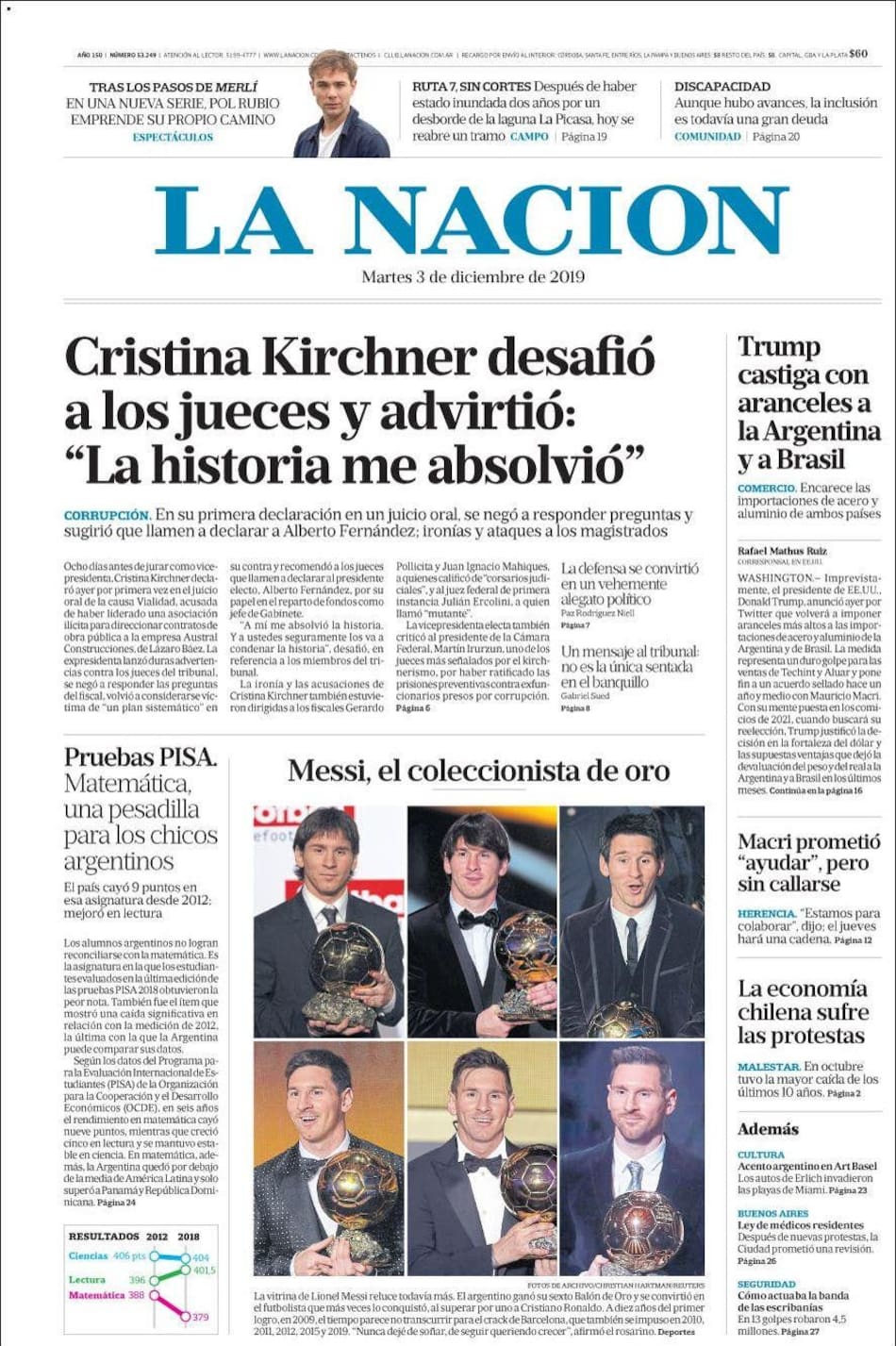 Tapas de diarios, La Nación, martes 3 de diciembre de 2019