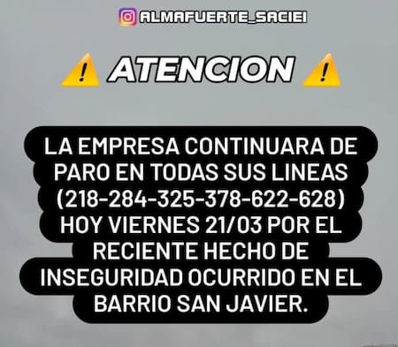 Paro en seis líneas de colectivo. Foto: Instagram Almafuerte_saciei.