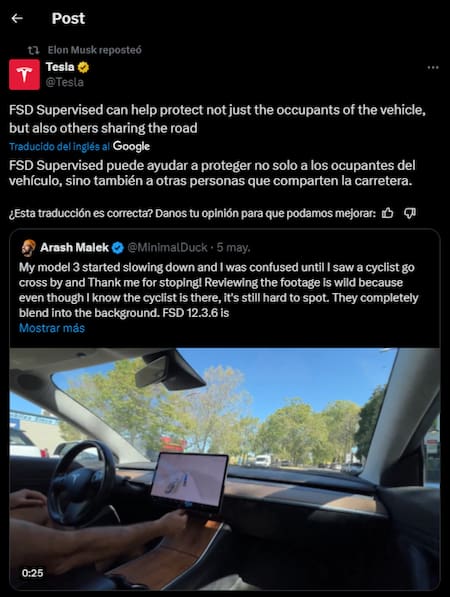 El tuit del conductor y el RT de Musk. Foto: captura