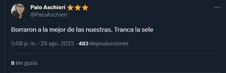 @PaloAschieri publicó ese mensaje y Yamila le dio "me gusta". Foto: Twitter @PaloAschieri