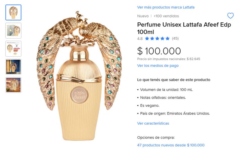 Perfume árabe Afeef de Lattafa. Foto: MercadoLibre.