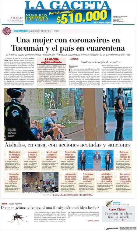 Tapas diarios, La Gaceta, viernes 20 de marzo de 2020