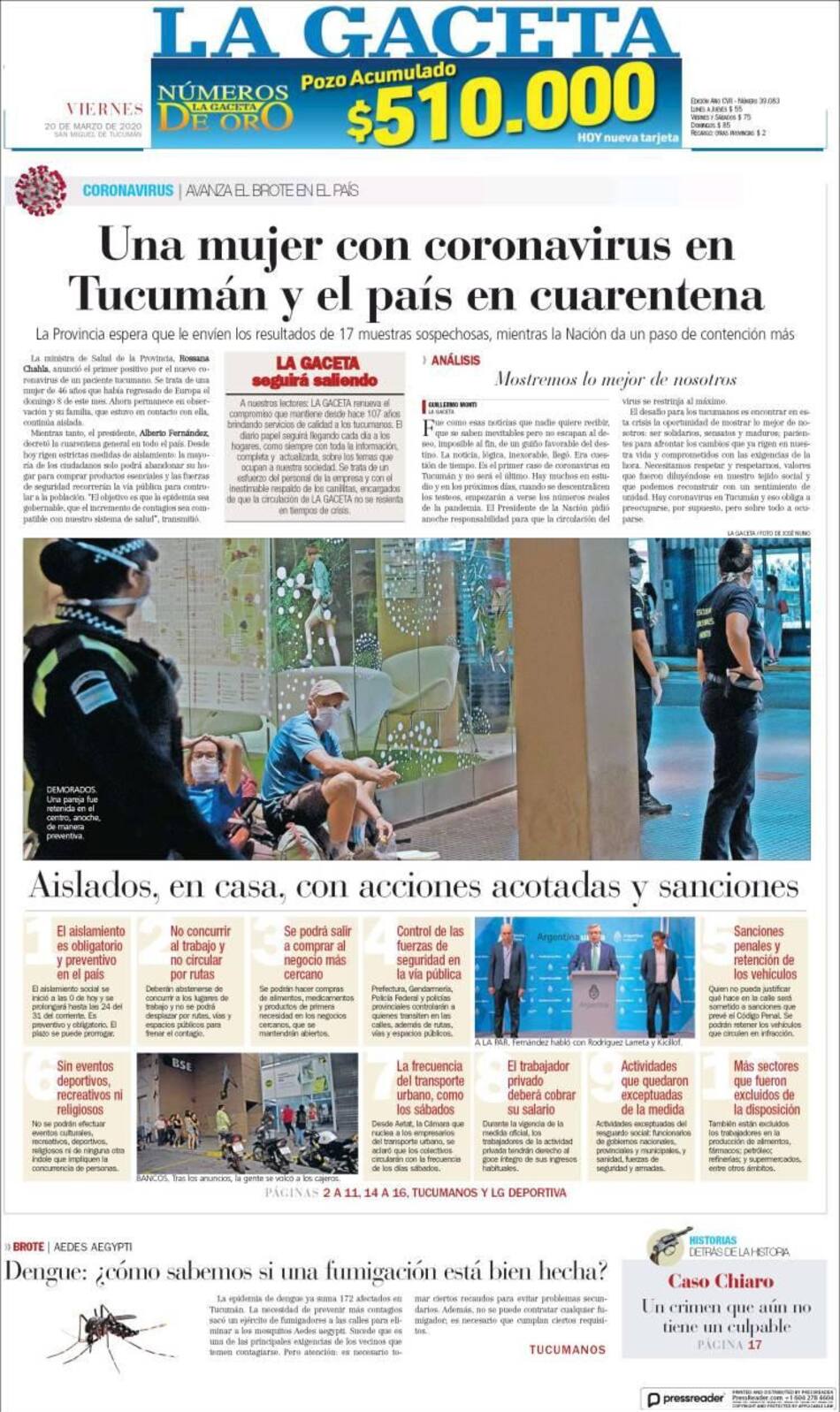 Tapas diarios, La Gaceta, viernes 20 de marzo de 2020