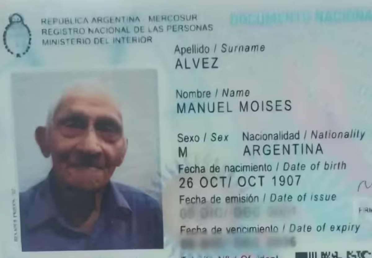 El DNI del hombre más longevo del país.