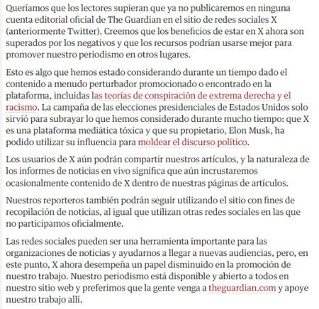 El comunicado de The Guardian tras marcharse de X. Foto: The Guardian.