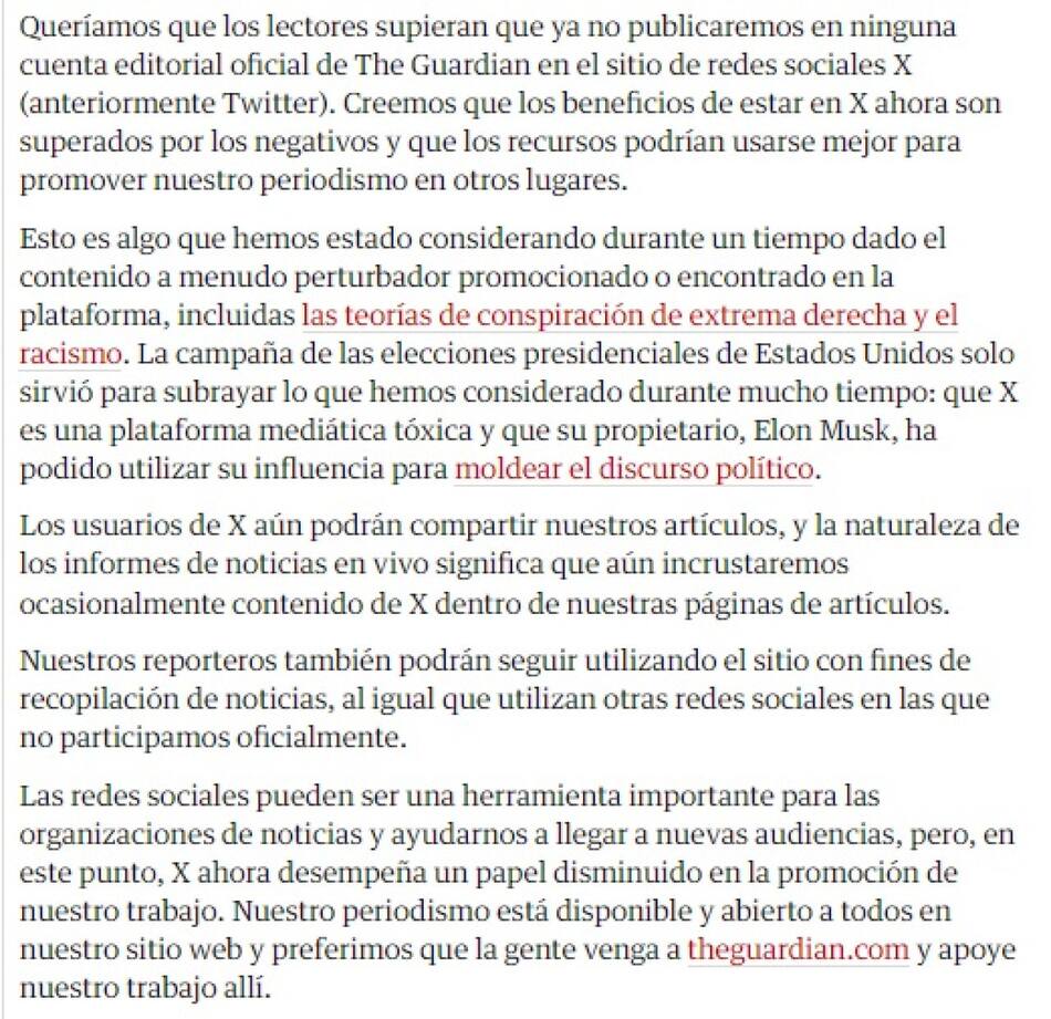 El comunicado de The Guardian tras marcharse de X. Foto: The Guardian.