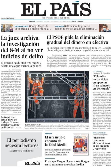 Tapas de diarios, El pais, sábado 13 de junio de 2020