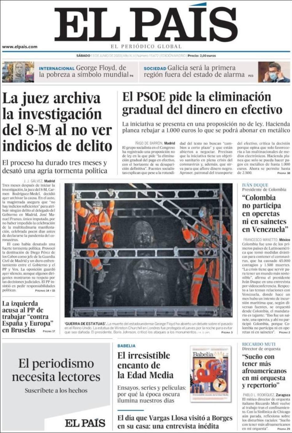 Tapas de diarios, El pais, sábado 13 de junio de 2020
