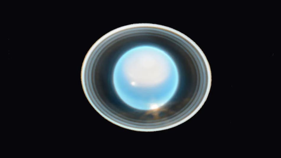 La imagen de Urano con sus anillos y sus diferentes lunas. Foto: Gentileza NASA.