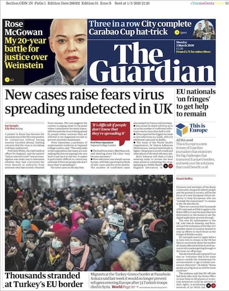 Tapa diarios, Guardian, lunes 2 de marzo de 2020|