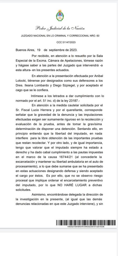 Rechazo de la Justicia al pedido de detención de Aníbal Lotocki.