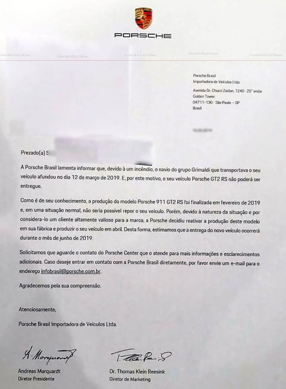 El 911 GT2 RS, incendio de buque, carta a clientes