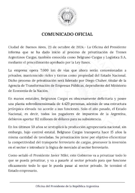 La decisión del Gobierno de de privatizar Belgrano Cargas. Foto: X/@OPRArgentina.