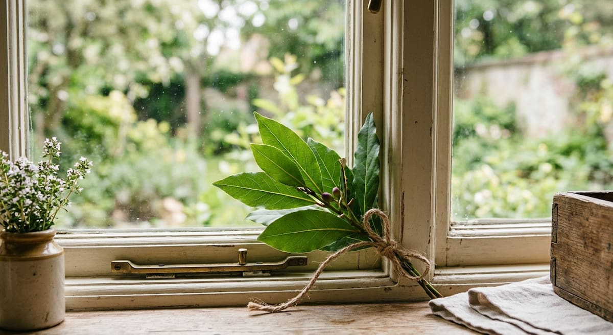 Hoja de laurel en la ventana