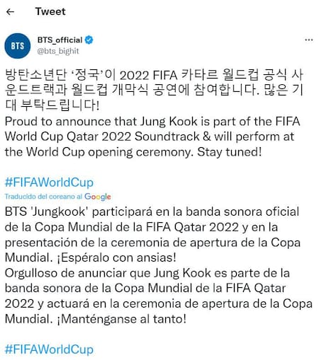 La confirmación de Jungkook para el Mundial. Foto: Twitter.
