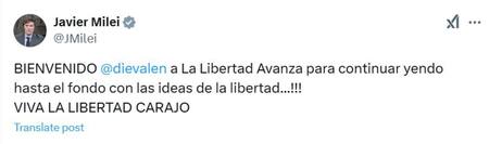 Javier Milei le dio la bienvenida a Diego Valenzuela a LLA. Captura X.com/JMilei