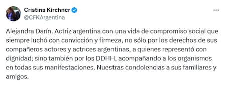 El mensaje de Cristina Kirchner para despedir a Alejandra Darín. Foto: X/@CFKArgentina.