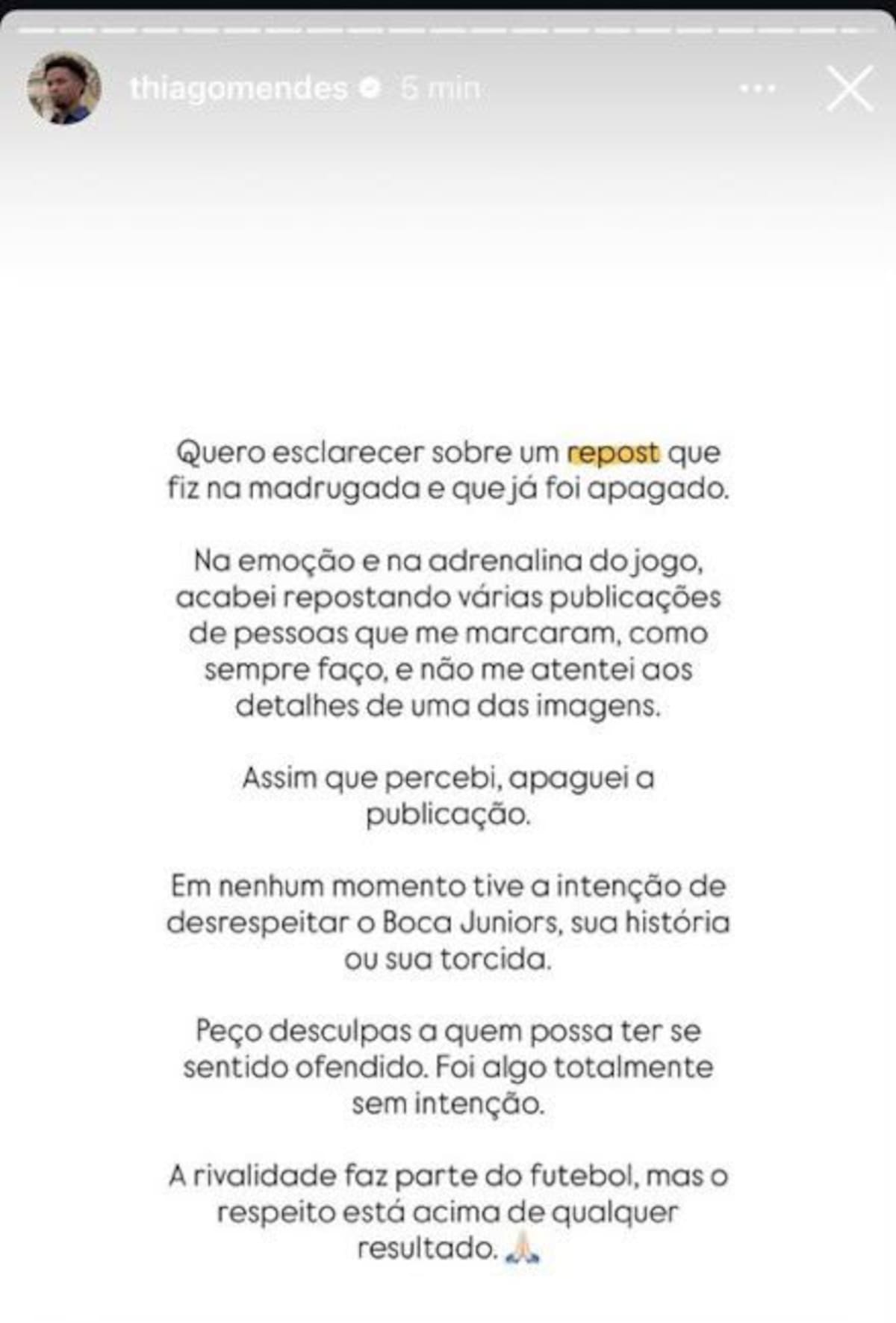 Pedido de disculpas de Thiago Mendes tras su posteo dedicado a Boca.