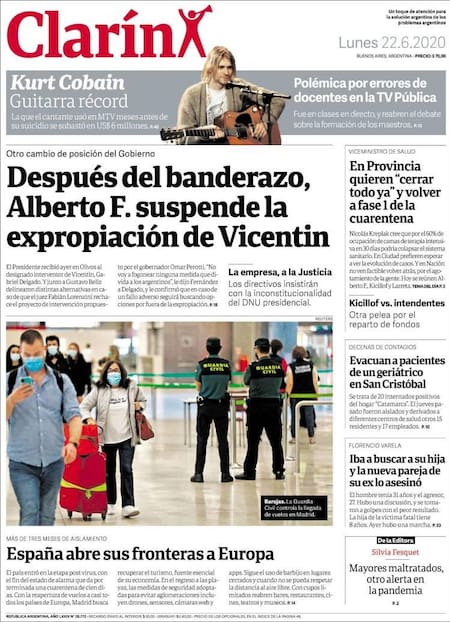 Tapas de diarios, Clarin, lunes 22 de junio de 2020