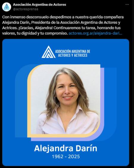 Muere Alejandra Darín. Fuente: X @@actoresprensa