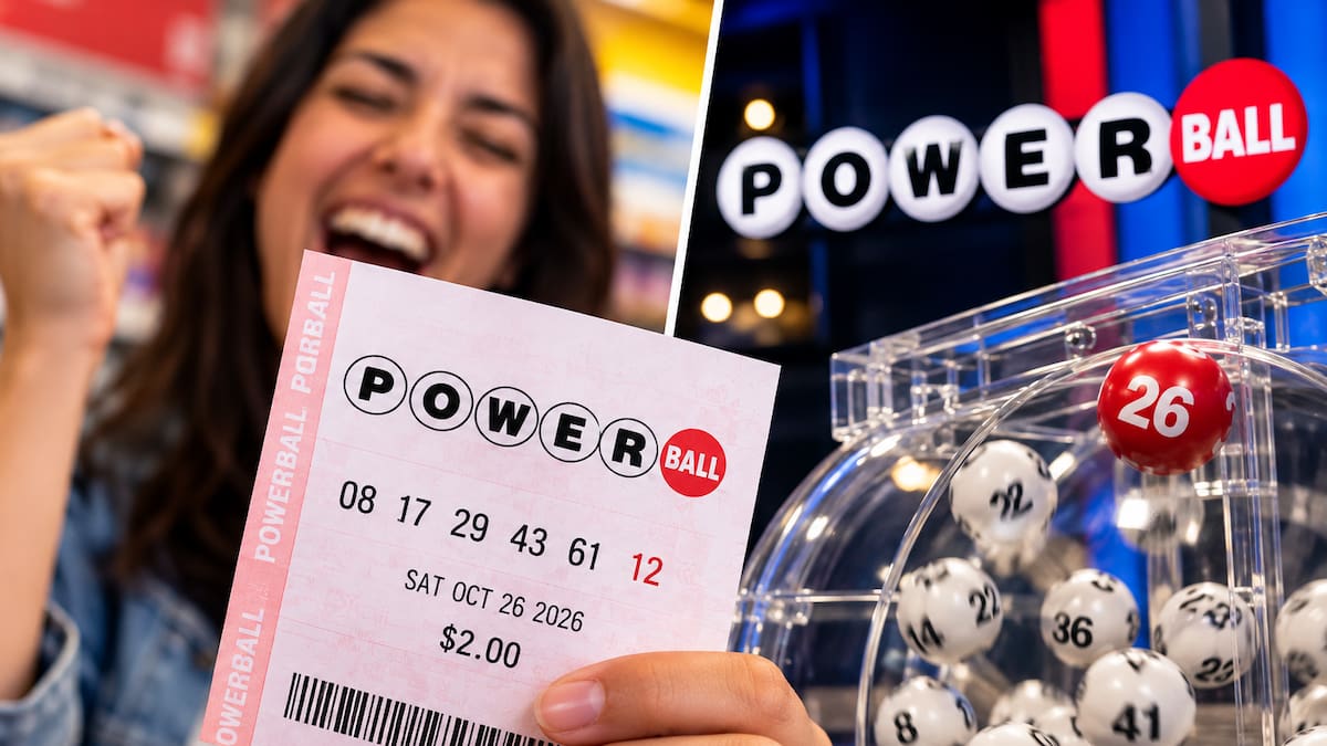 Boleto de Powerball con números seleccionados y una persona marcando la combinación para participar en la lotería de Estados Unidos.