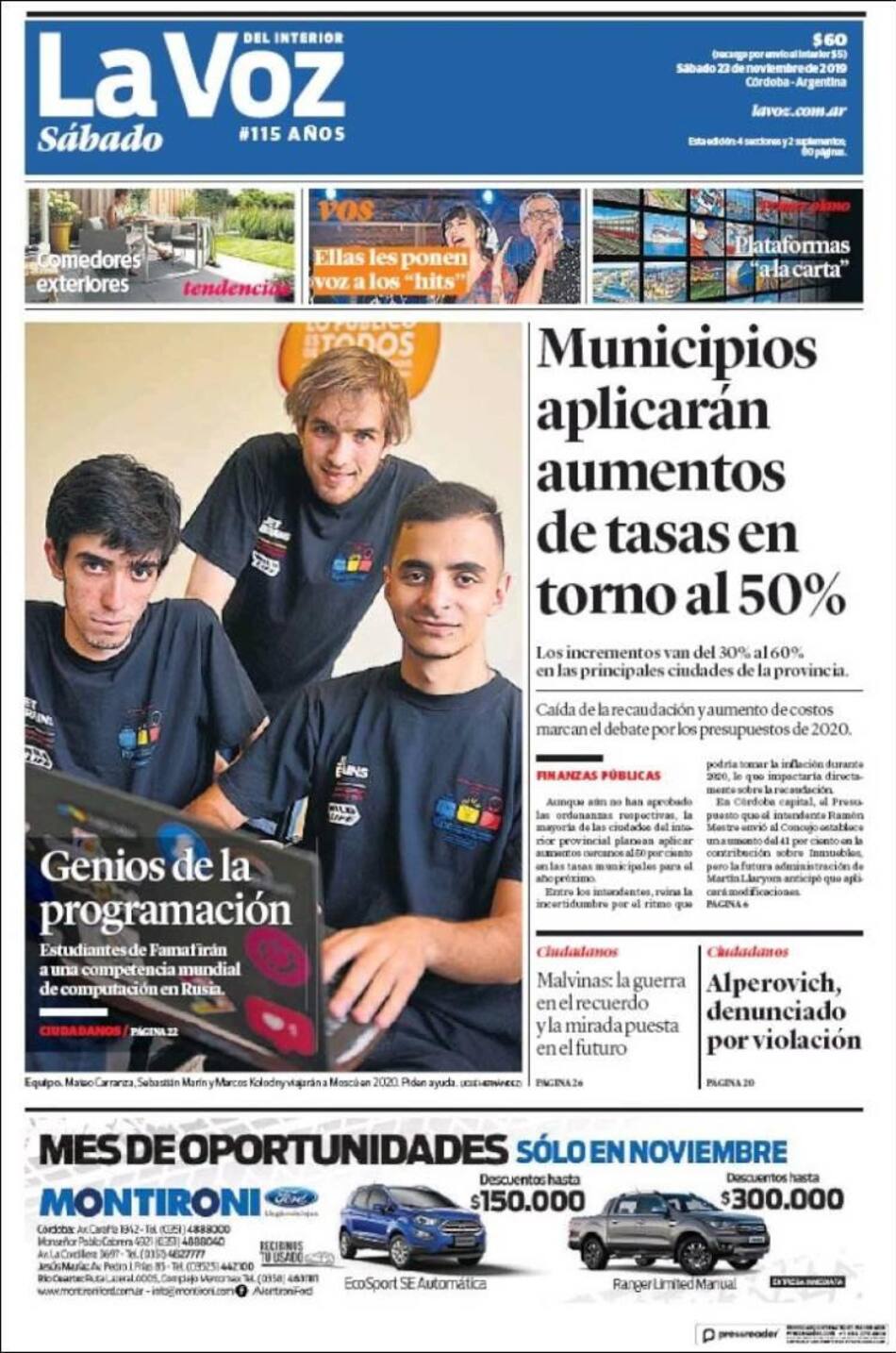 Tapas de diarios, La Voz, sábado 23 de noviembre de 2019