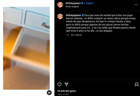 Britney Spears denunció en Instagram que le robaron todas sus joyas de su casa. Foto: Instagram.