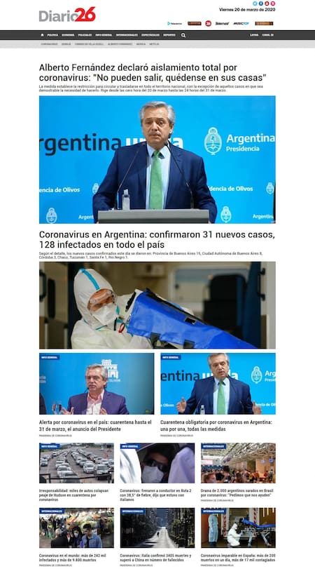 Tapa DIARIO26 viernes 20 de marzo de 2020