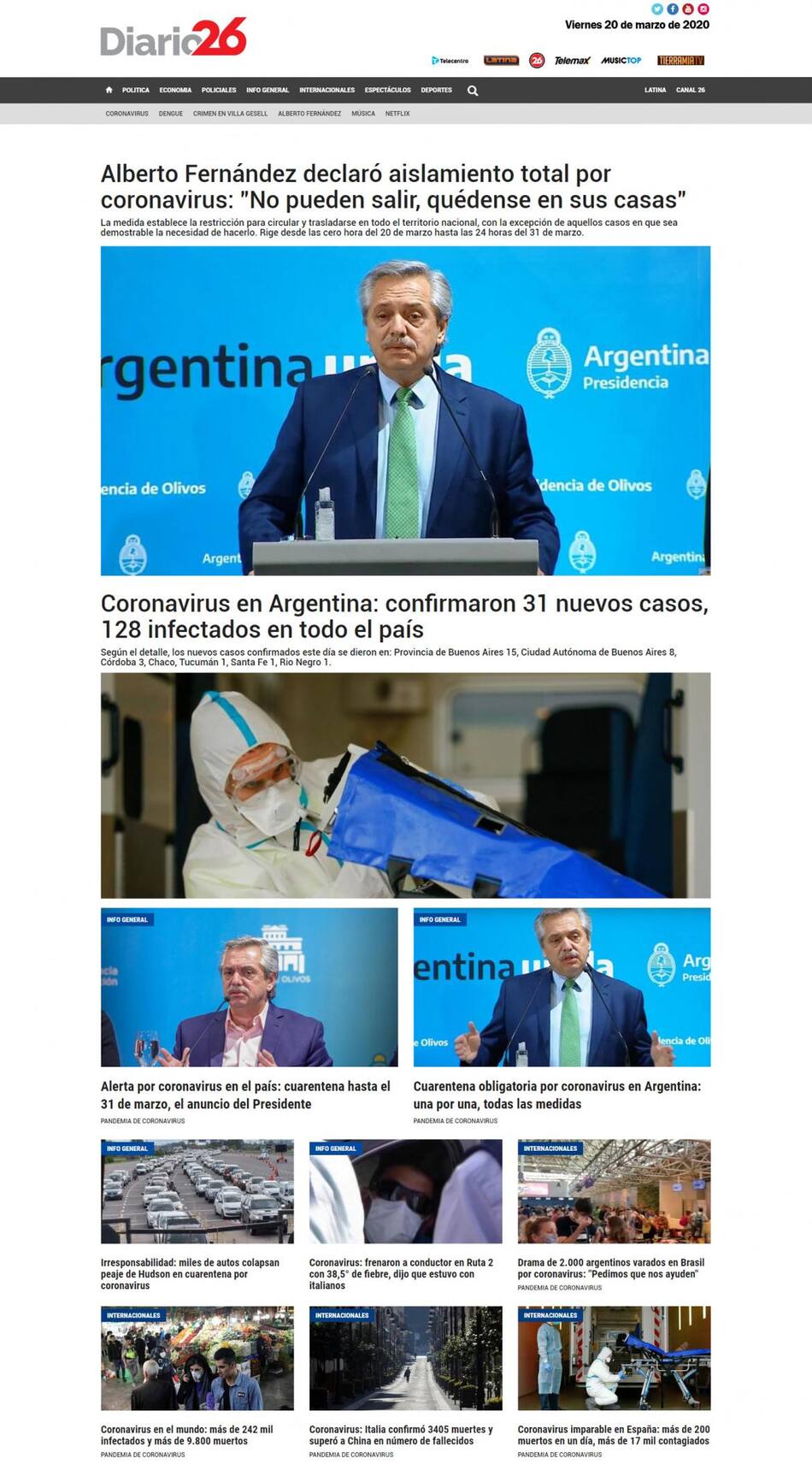 Tapa DIARIO26 viernes 20 de marzo de 2020