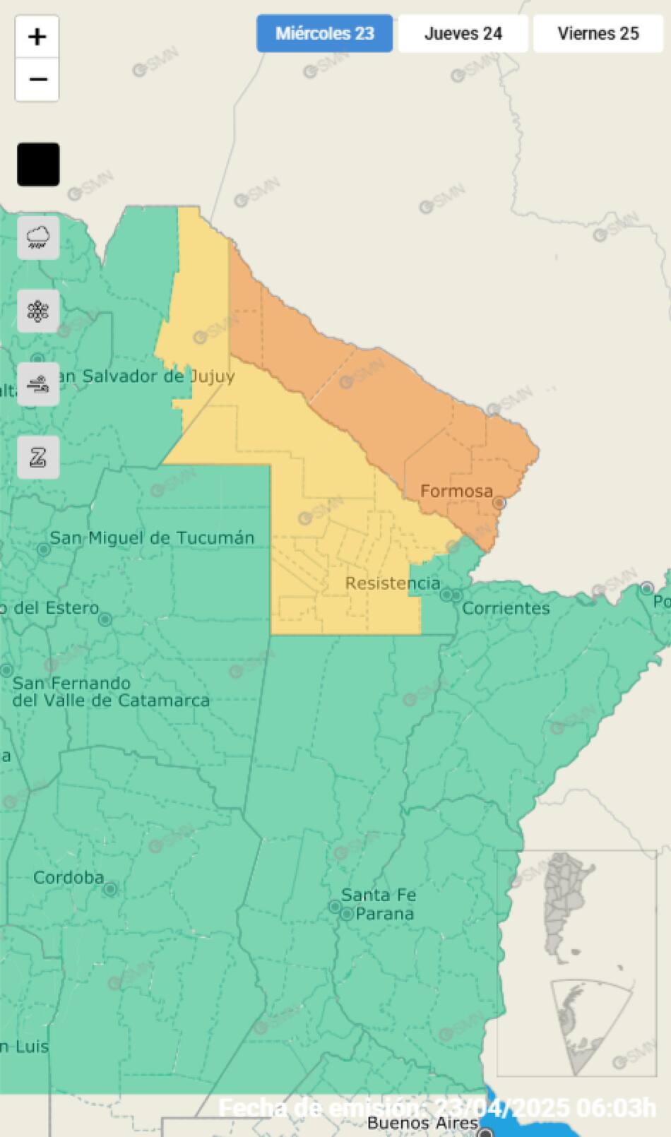 Alerta naranja sobre Formosa por tormentas fuertes. Foto: SMN.