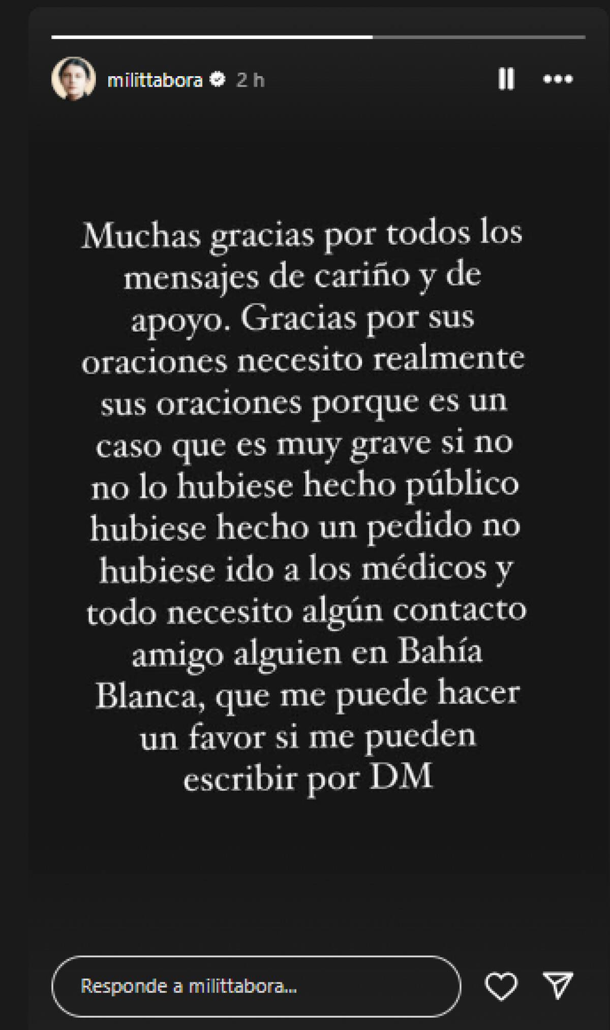 Historia de Instagram de Militta Bora. Foto INSTAGRAM @milittabora