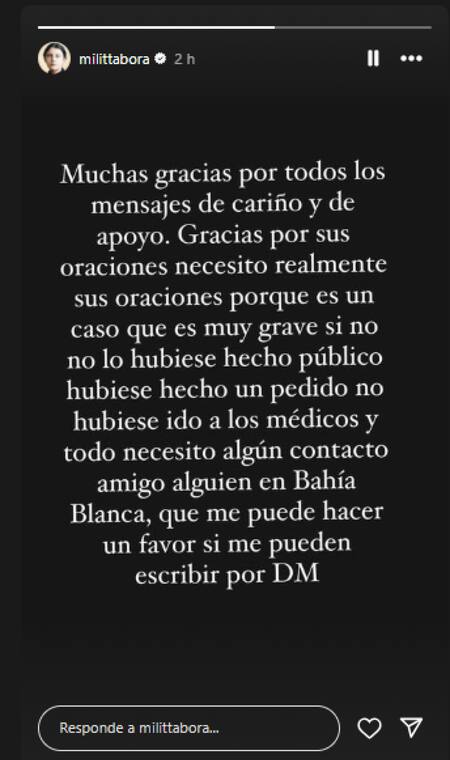 Historia de Instagram de Militta Bora. Foto INSTAGRAM @milittabora