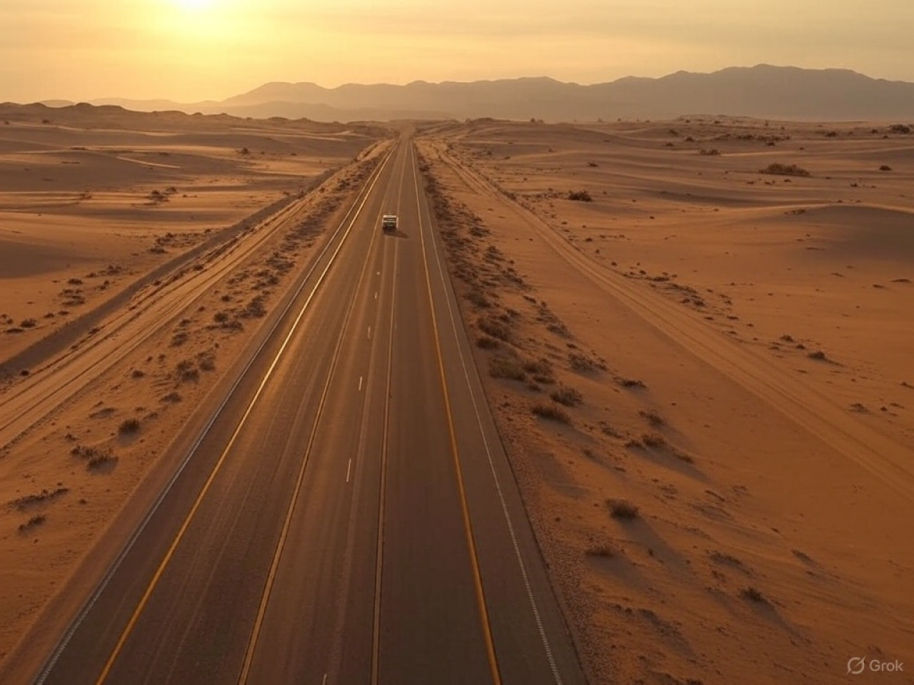 La autopista en medio del desierto que no tiene curvas. Foto: Grok.