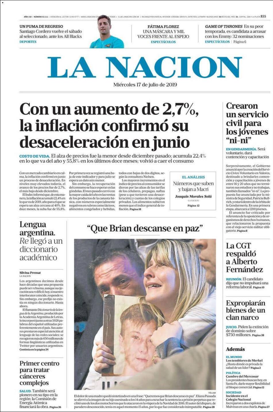 Tapas de diarios - La Nación miércoles 17-07-19