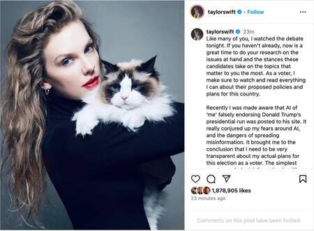 La publicación de Taylor Swift apoyando a Kamala Harris. Fuente: Instagram.