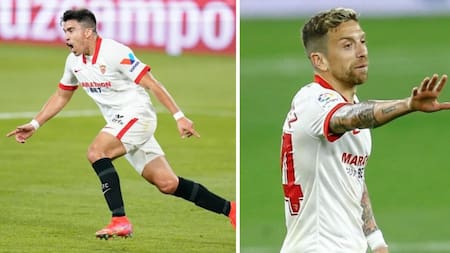 Papu G+omez y Marcos Acuña, jugadores de Sevilla. Foto: REUTERS